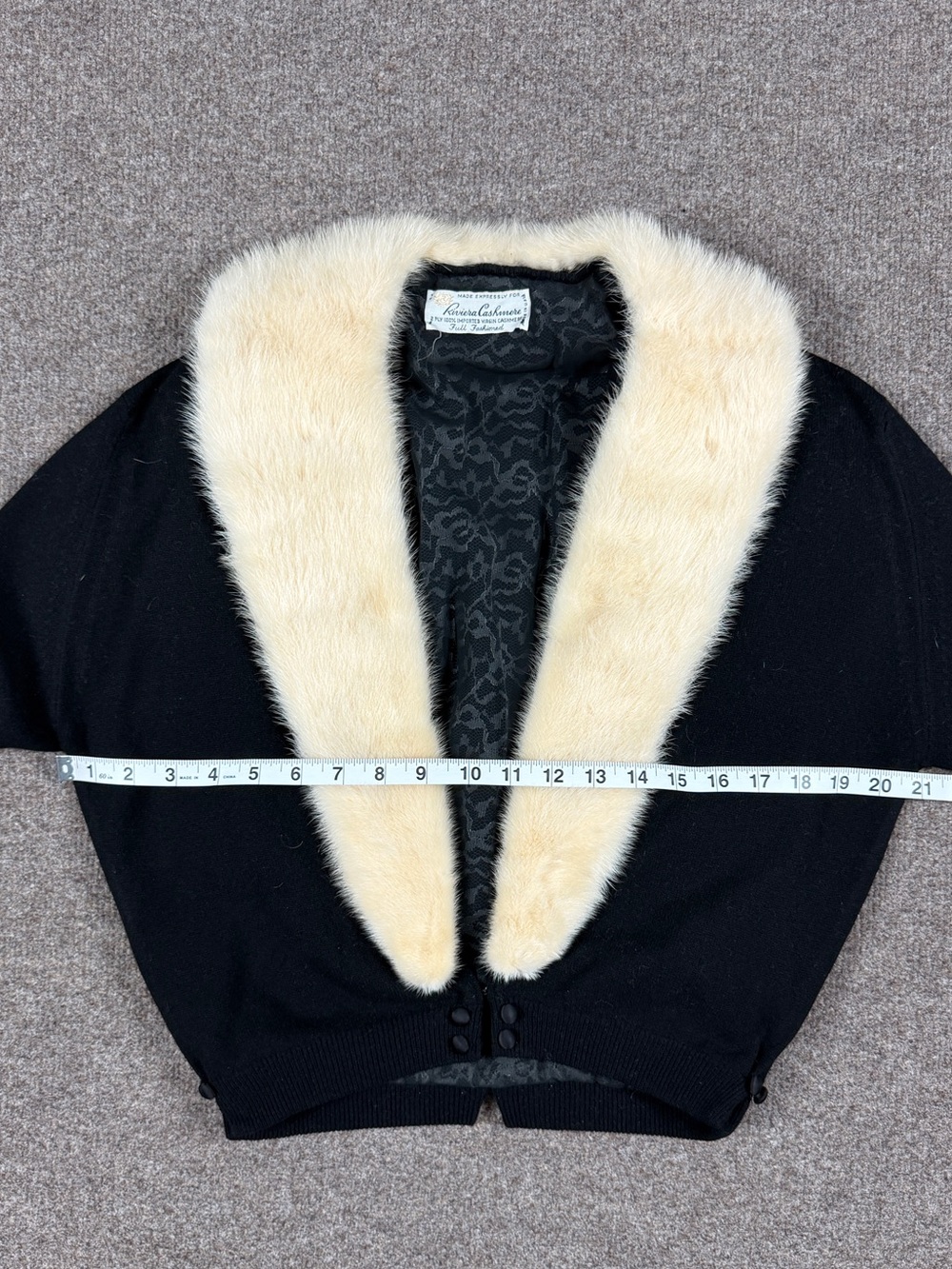Vintage Black Cashmere Cropped Cardigan Sweater Women’s Small Mink Fur Collar - Picture 8 of 9